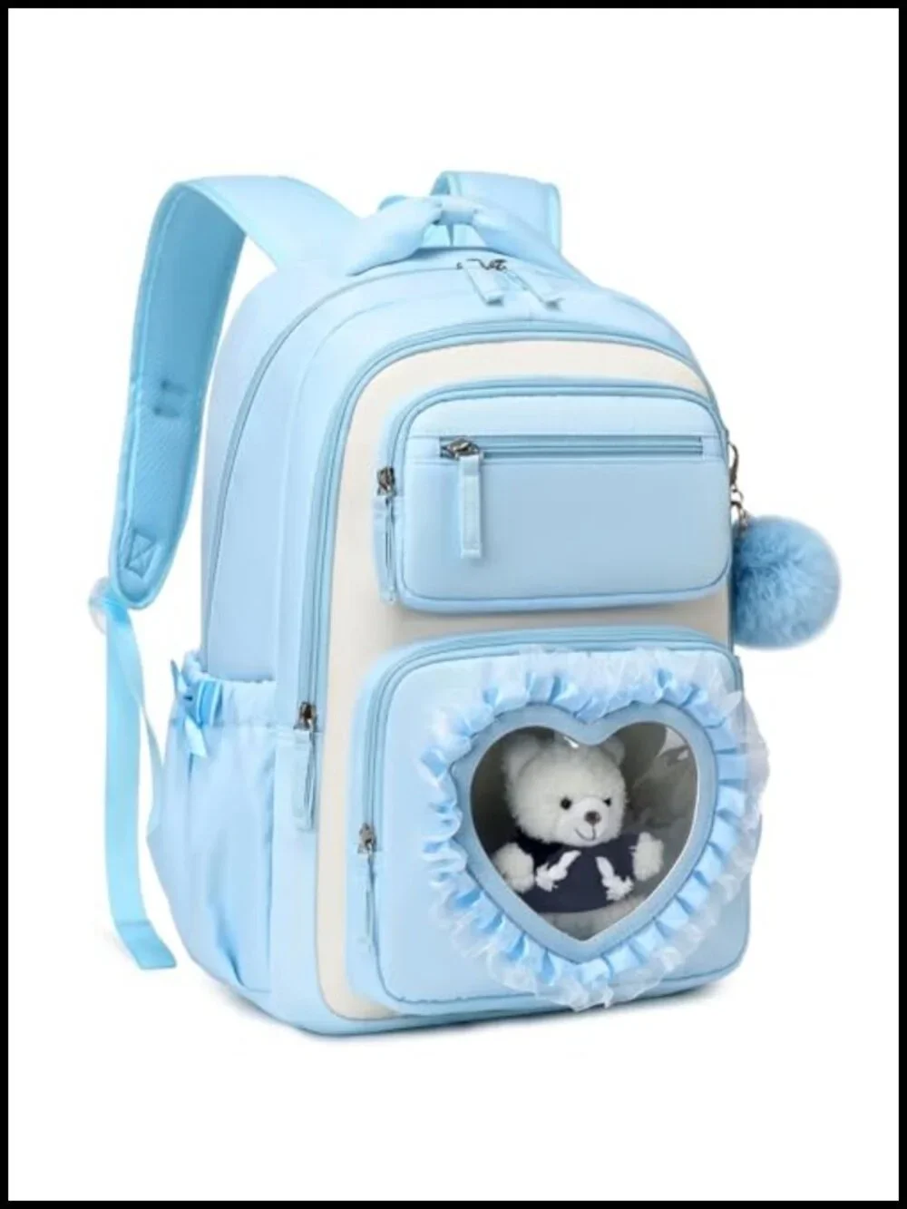 Cute Kawaii Backpack for Girls School, 17 Inch Bowknot Bookbag with Heart